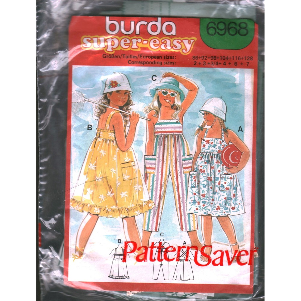 Burda 6968 Super-Easy Girls Sundress‎ Jumpsuit Hat Sewing Pattern Size 2-4